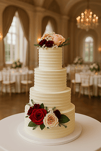 Elegant gluten-free wedding cake with floral decorations for special occasions Gluten-free wedding cake featuring smooth white icing and beautiful red and blush roses with greener.